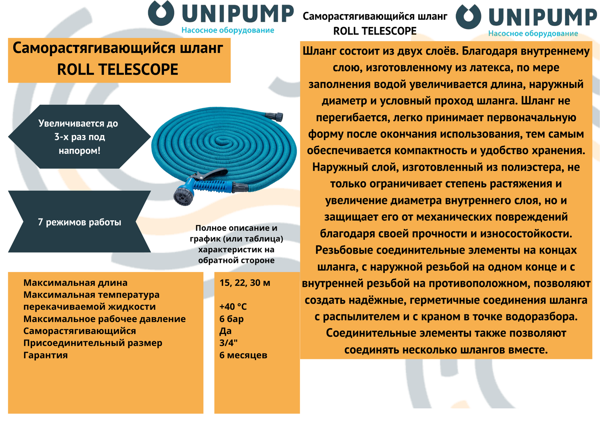 Шланг поливочный ROLL TELESCOPE 22 м UNIPUMP