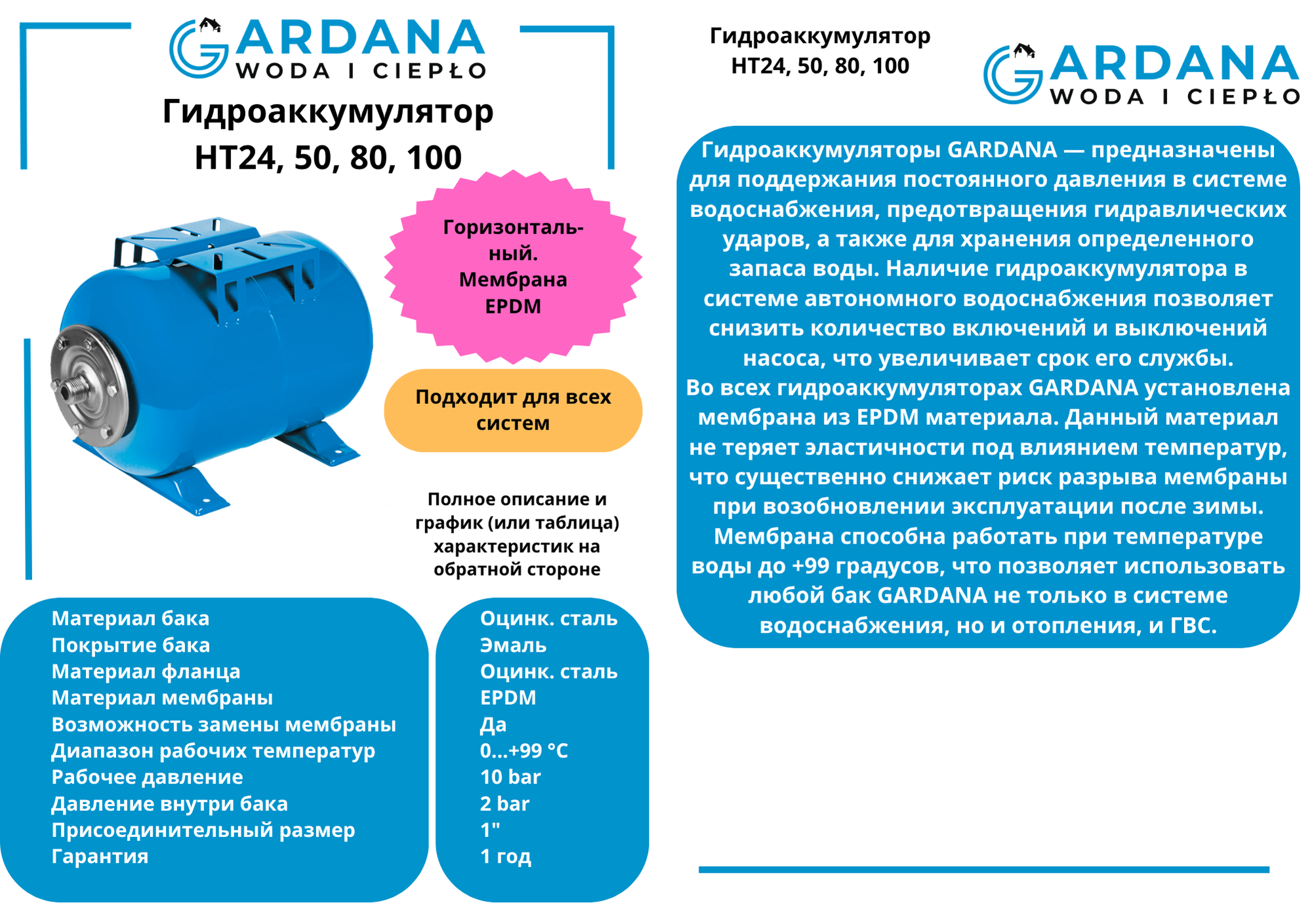 Гидроаккумулятор HT80 гор. синий GARDANA