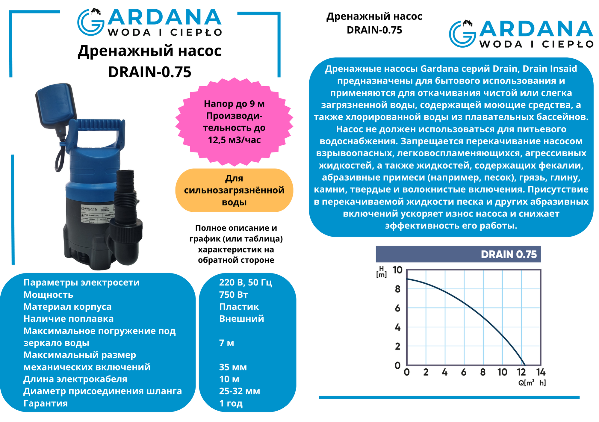 Дренажный насос DRAIN-0,75 GARDANA