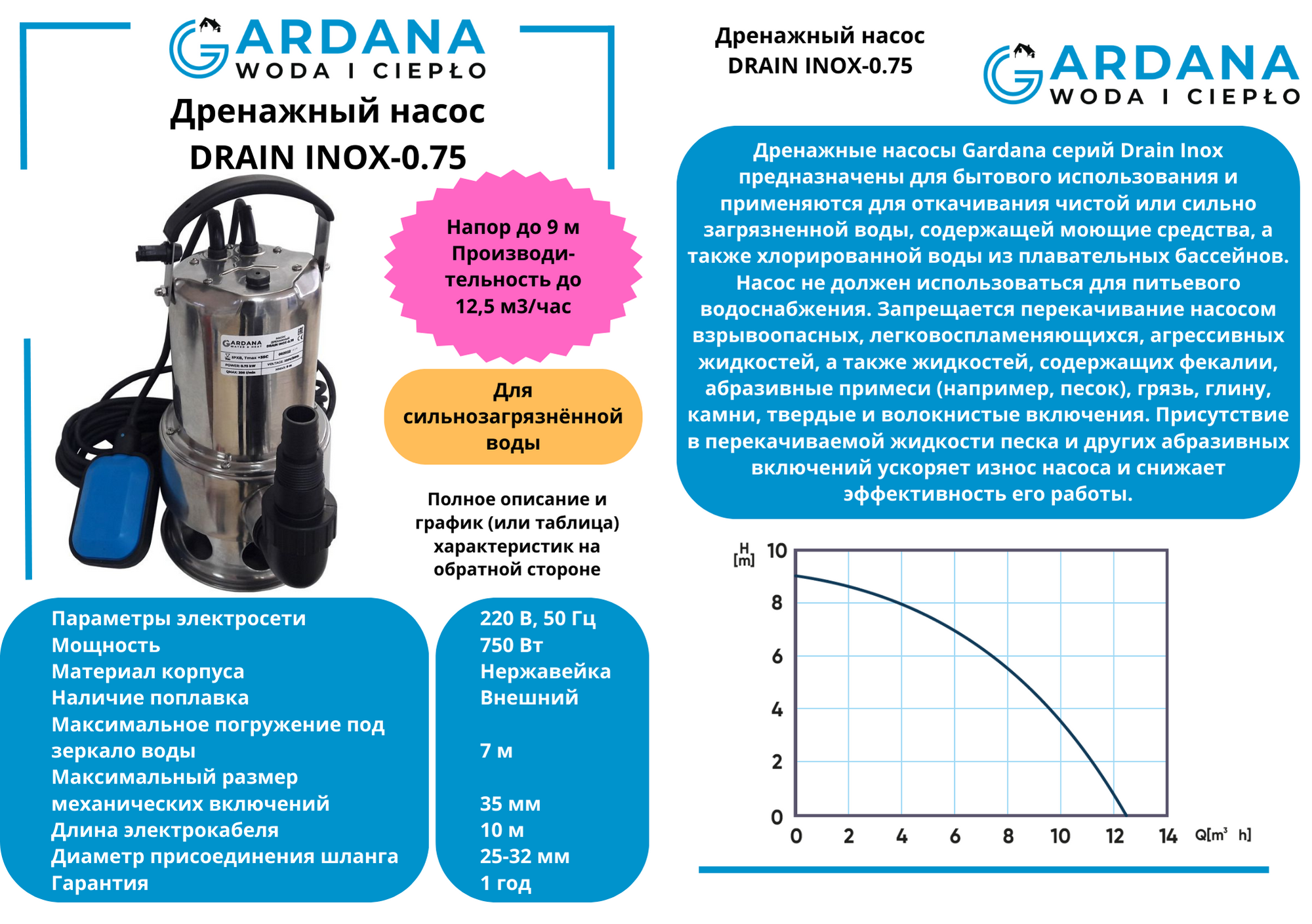 Дренажный насос DRAIN INOX-0,75 GARDANA