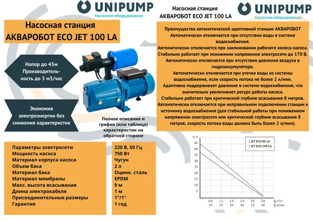 Адаптивная станция АКВАРОБОТ ECO JET 100 LA (г/а 2л) UNIPUMP