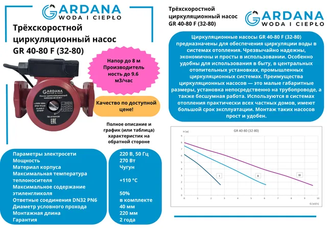 Циркуляционный насос GR 40-80 F (32-80) GARDANA