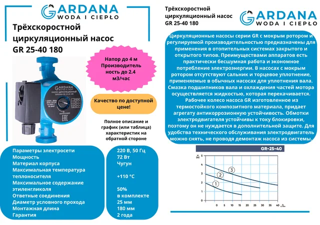 Циркуляционный насос GR 25-40 180 Gardana
