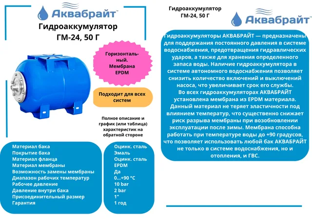 Гидроаккумулятор ГМ-50 горизонтальный, АКВАБРАЙТ, 50 л