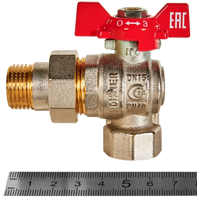 RBV-0006-2610215 ROMMER Кран шаровой угловой с американкой, ВР/НР, ручка бабочка 1/2
