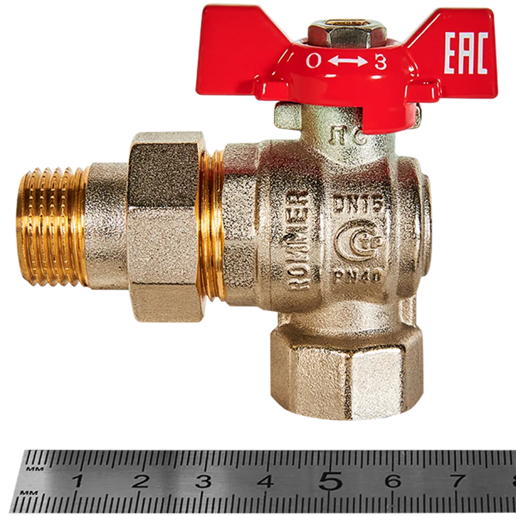 RBV-0006-2610215 ROMMER Кран шаровой угловой с американкой, ВР/НР, ручка бабочка 1/2