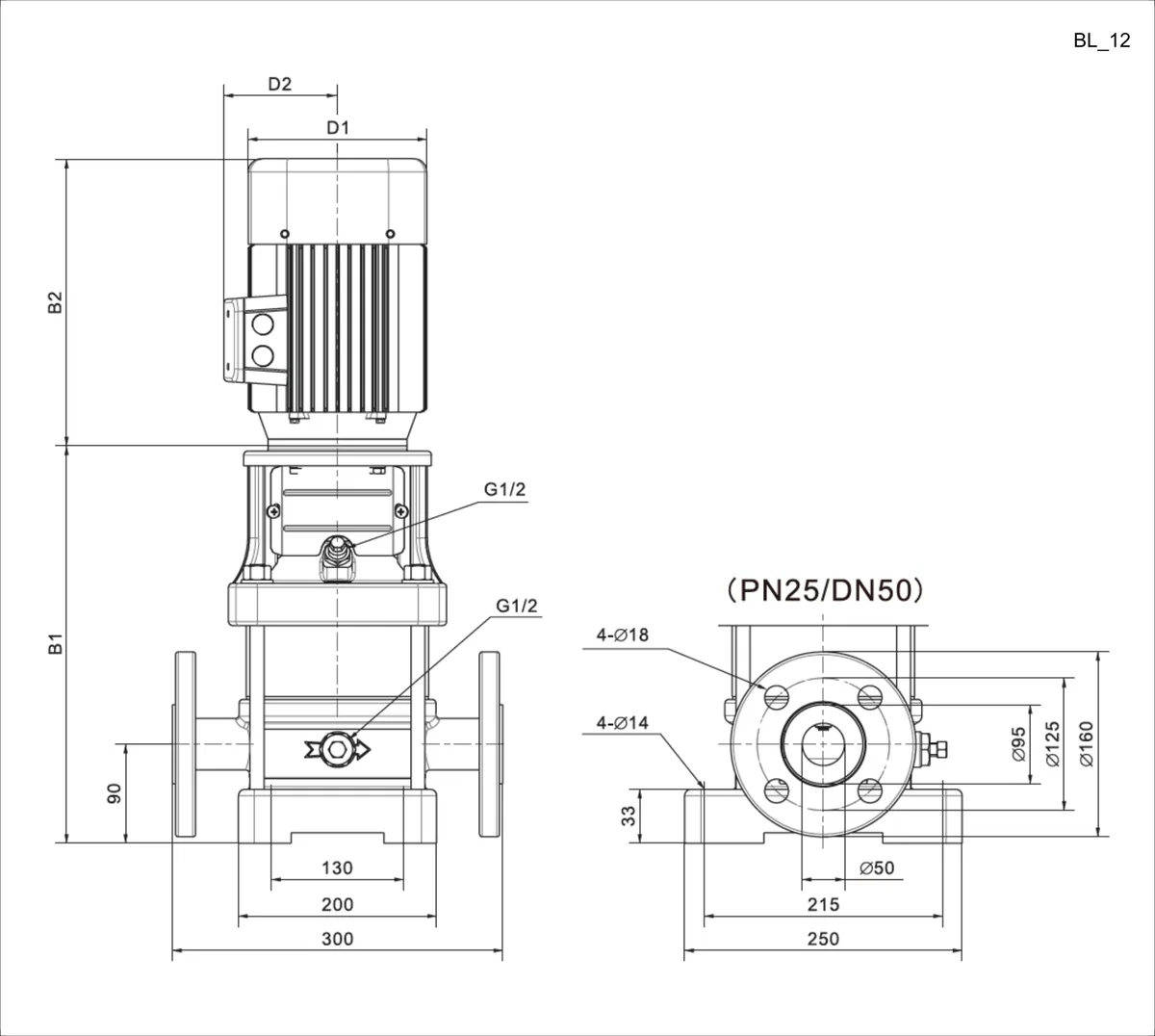 Размеры: Многоступенчатый повысительный насос BL12-16R 120'C 380V