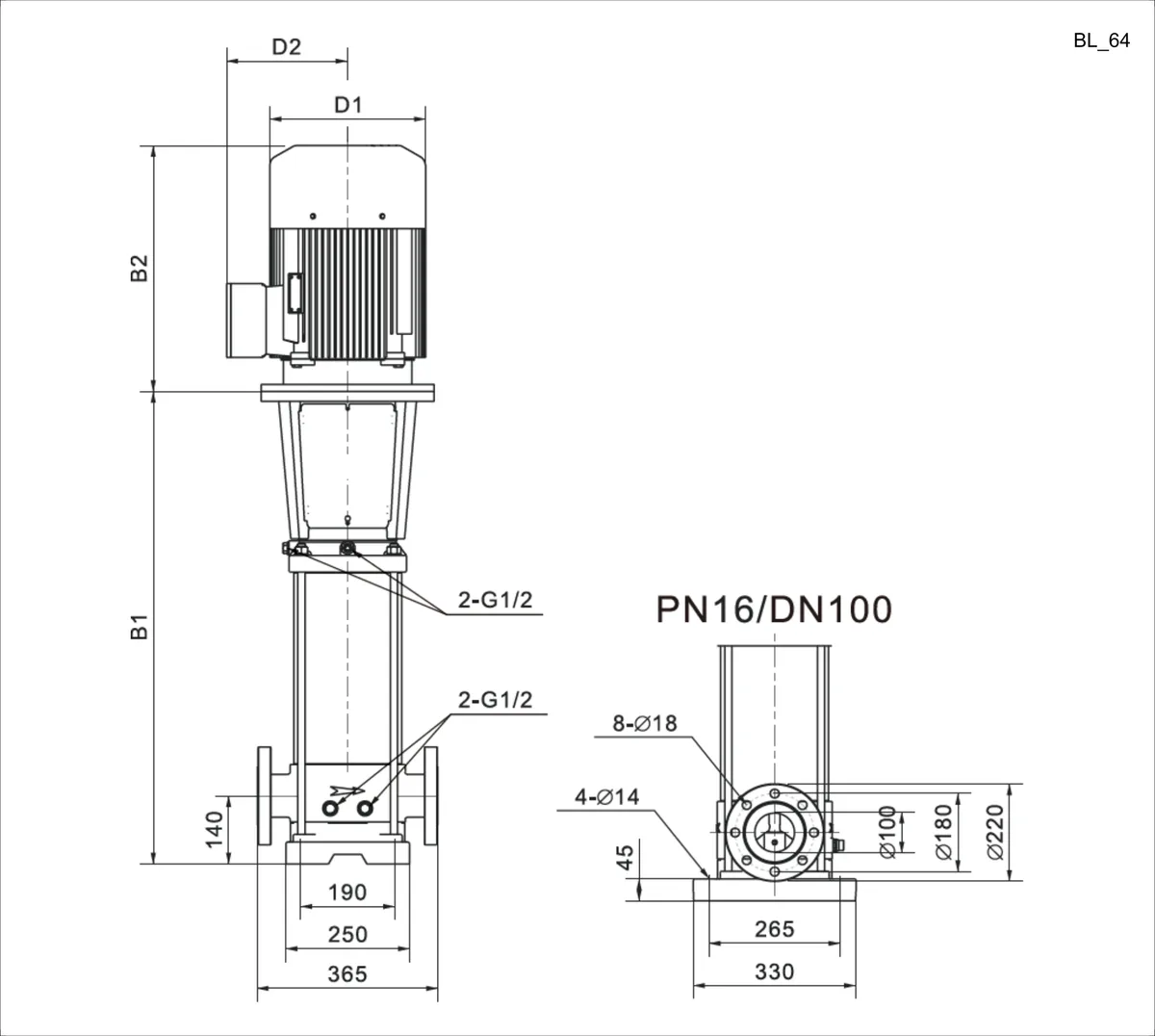 Размеры: Многоступенчатый повысительный насос BL64-5R 120'C 380V