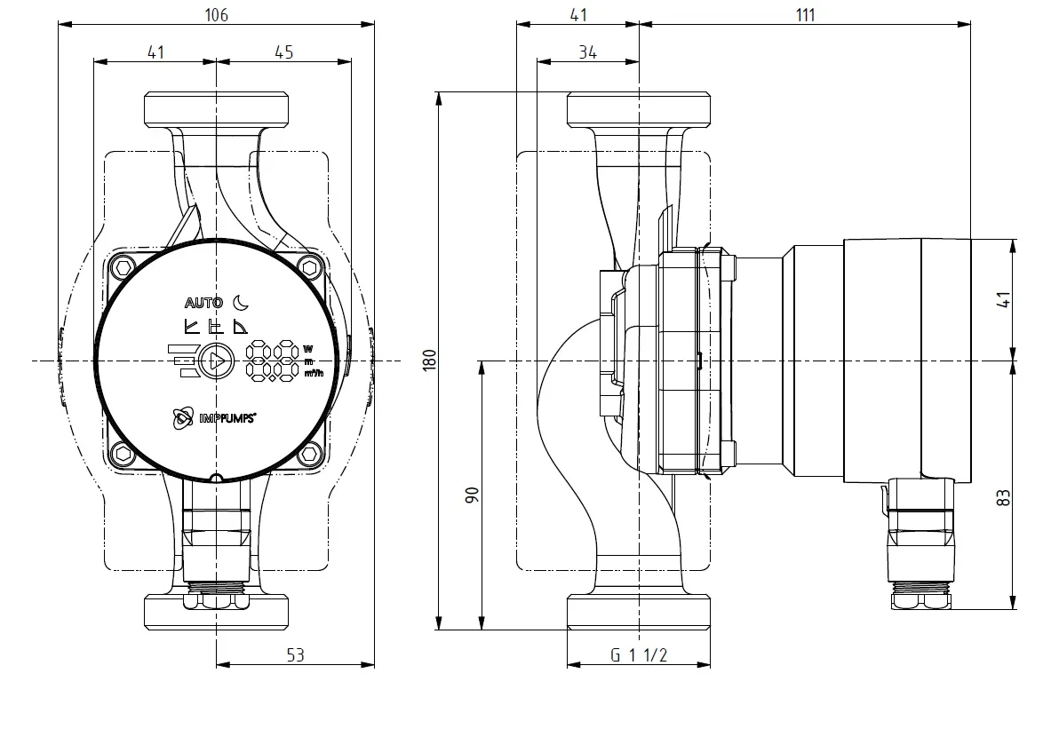 Размеры: Циркуляционный насос NMT MINI PRO 25/80-180 IMP PUMPS