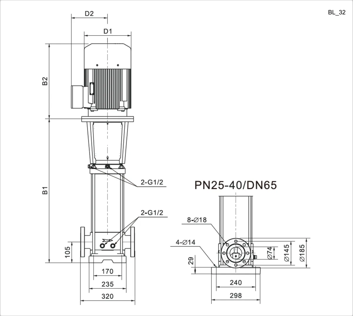 Размеры: Многоступенчатый повысительный насос BL32-7R 120'C 380V