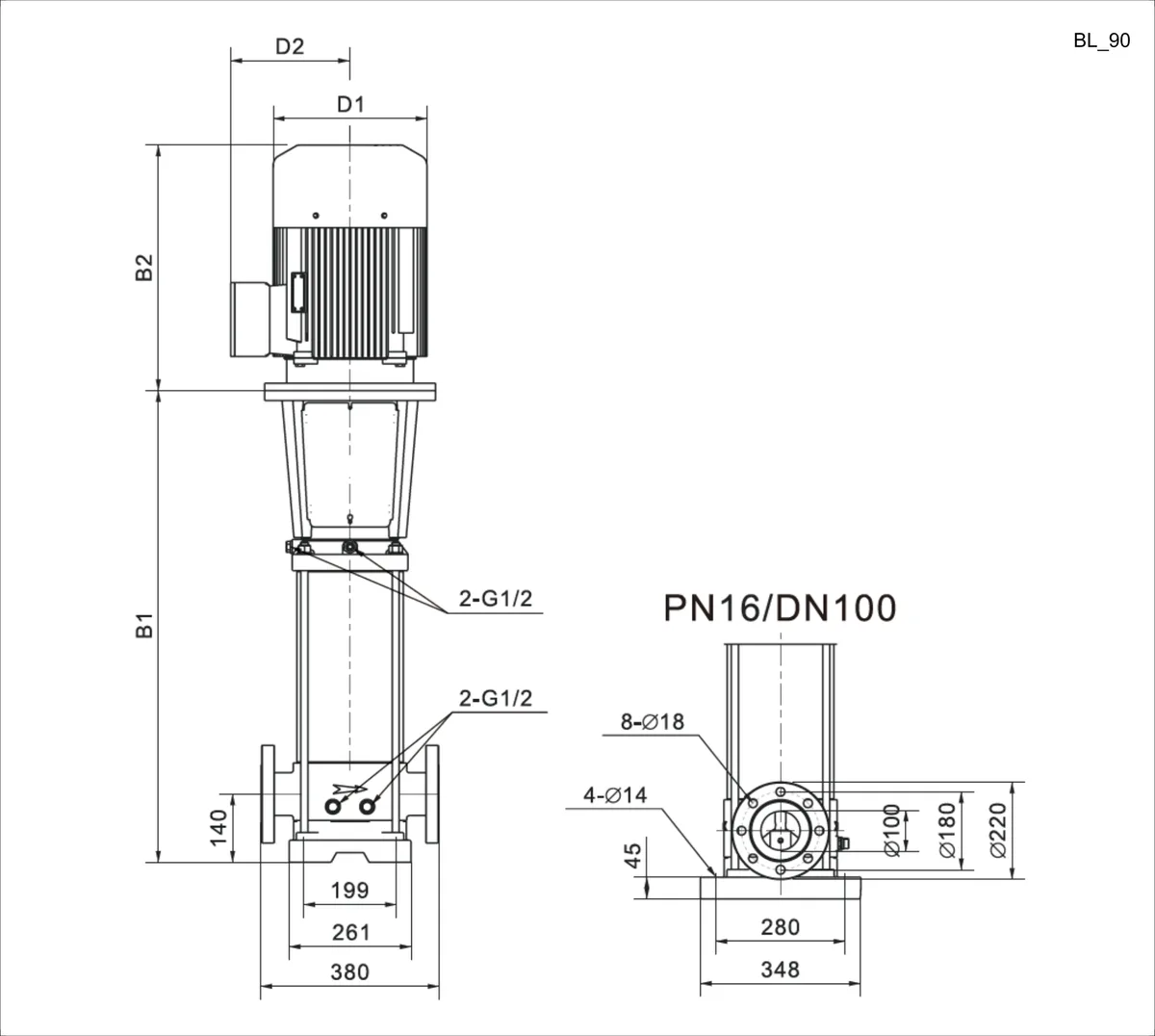 Размеры: Многоступенчатый повысительный насос BL90-3R 120'C 380V