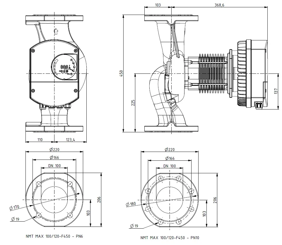 Размеры: NMT MAX II U 100/180 F450 PN10