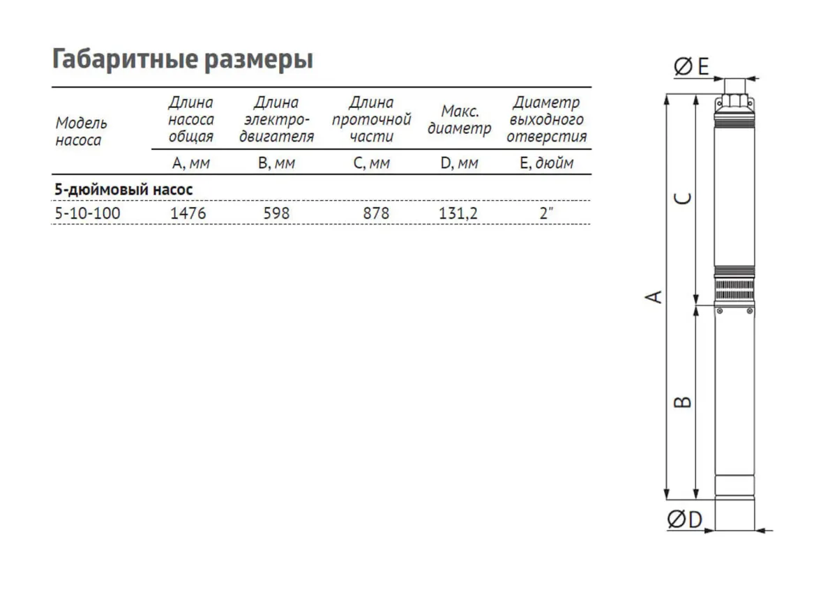 Размеры: Насос ЭЦВ 5-10-100 (пр. часть, двиг.5,5 кВт) UNIPUMP