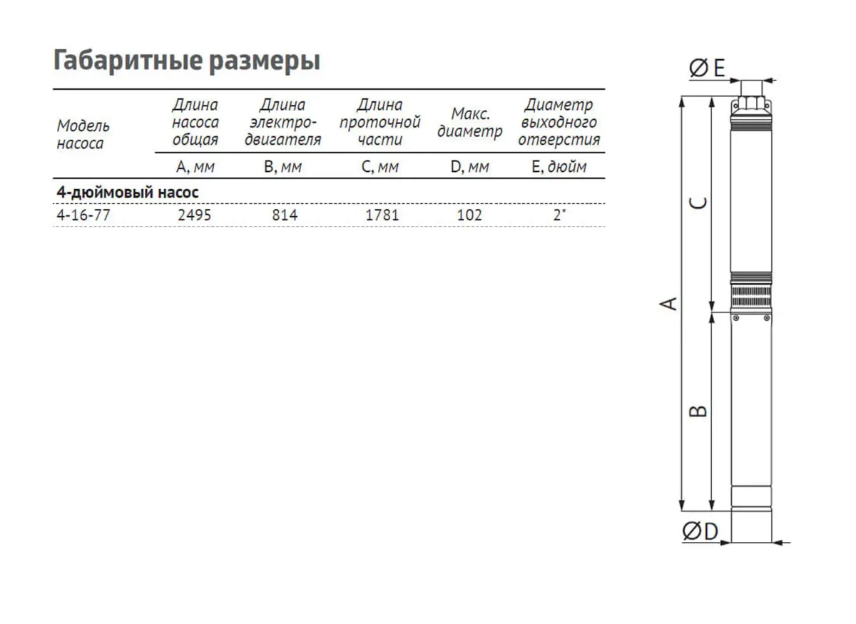 Размеры: Насос ЭЦВ 4-16-77 (пр часть, двиг.7,5 кВт) UNIPUMP