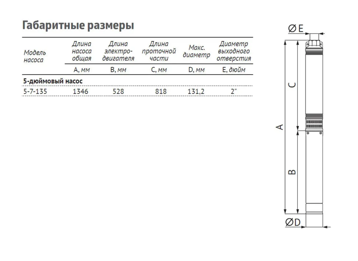 Размеры: Насос ЭЦВ 5-7-135 (пр. часть, двиг.4 кВт) UNIPUMP