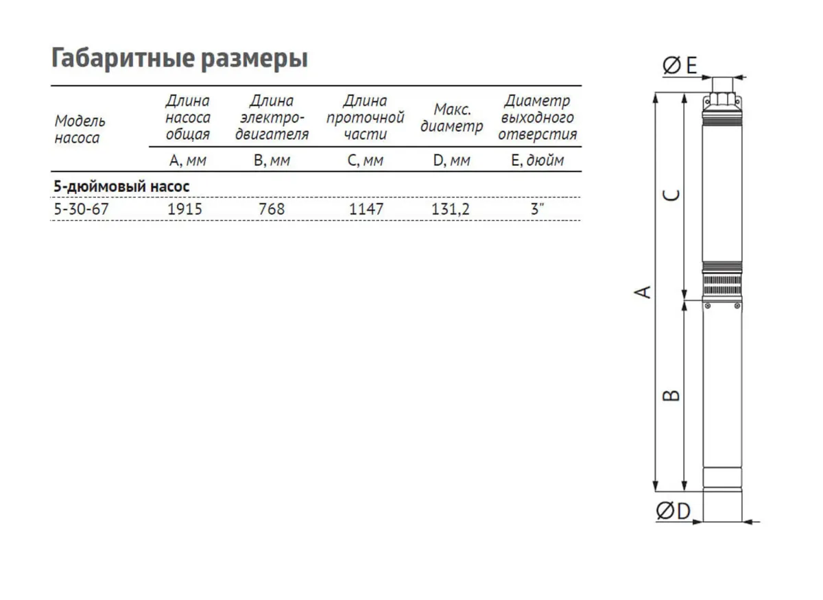 Размеры: Насос ЭЦВ 5-30-67 (пр. часть, двиг.11 кВт) UNIPUMP
