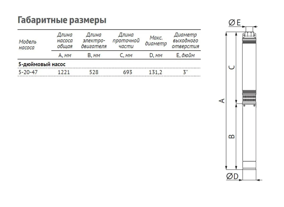 Размеры: Насос ЭЦВ 5-20-47 (пр. часть, двиг.4 кВт) UNIPUMP