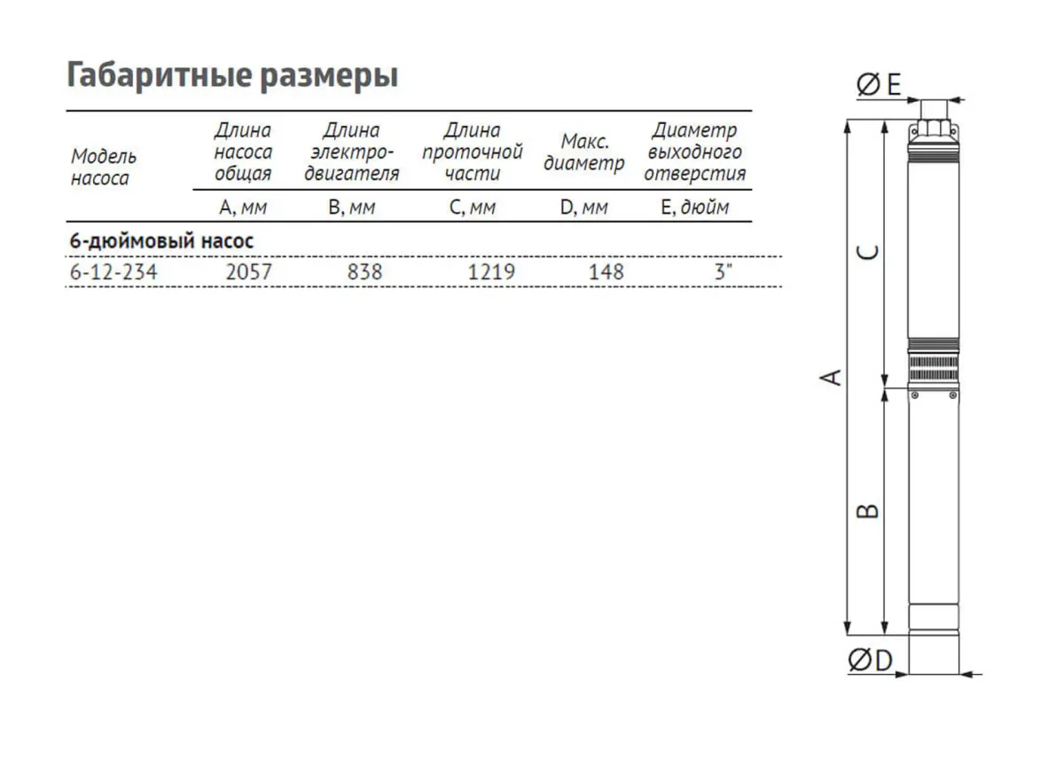 Размеры: Насос ЭЦВ 6-12-234 (пр. часть, двиг.13 кВт) UNIPUMP