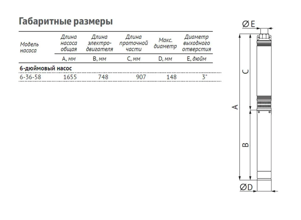 Размеры: Насос ЭЦВ 6-36-58 (пр. часть, двиг.7,5 кВт) UNIPUMP