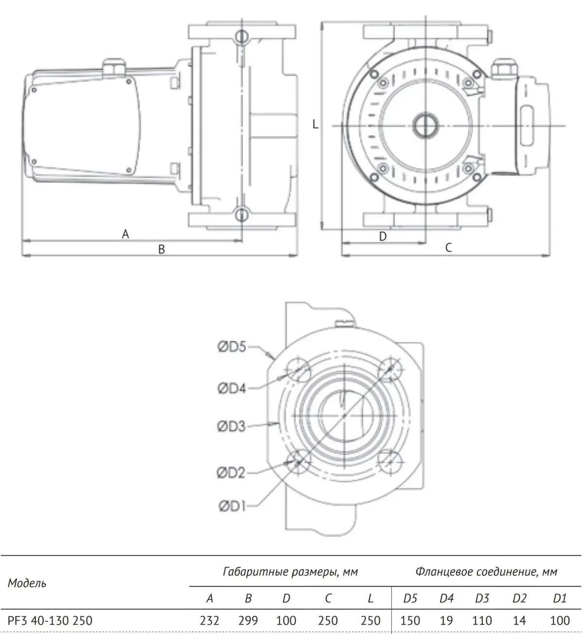 Размеры: Насос циркуляц. (отопл.) PF3 40-130 250 3-х скоростной