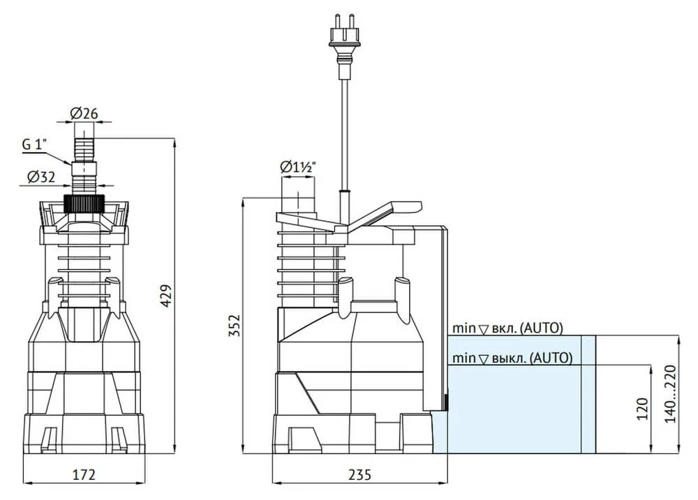 Размеры: Дренажный насос ARTVORT Q550B UNIPUMP