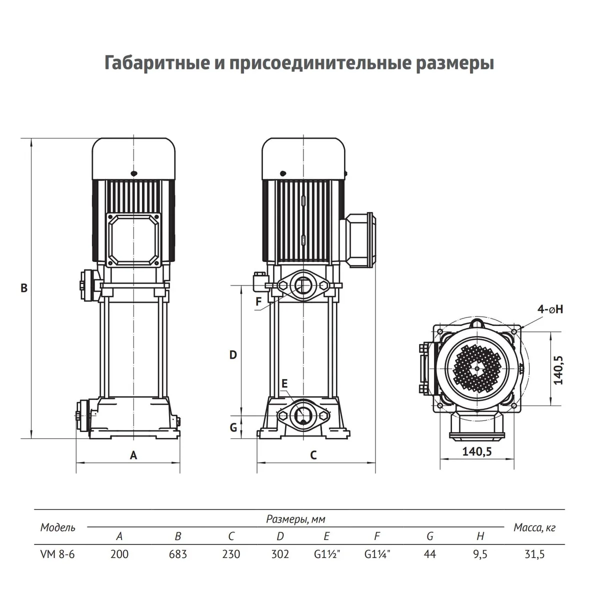 Размеры: Насос верт. многоступенчатый VM 8-6 (Qном 8м3/ч, Нном 47м, 1,5"x 1,25", 3,0кВт)