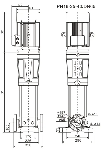 Размеры: Многоступенчатый насос Wellmix CV 32- 5-2-HQCV (3х380В, 11.0кВт, IE3)