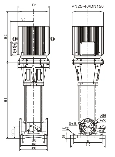 Размеры: Многоступенчатый насос Wellmix CV200-2-0-HQCV (3х380В, 55кВт,IE3)