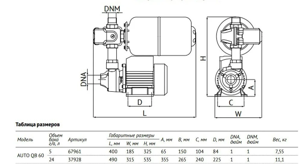 Размеры: Станция авт.водоснабжения AUTO QB 60 - 5 UNIPUMP