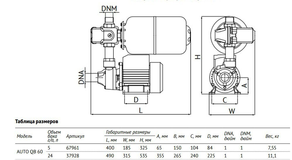 Размеры: Станция авт.водоснабжения AUTO QB 60 - 5 UNIPUMP