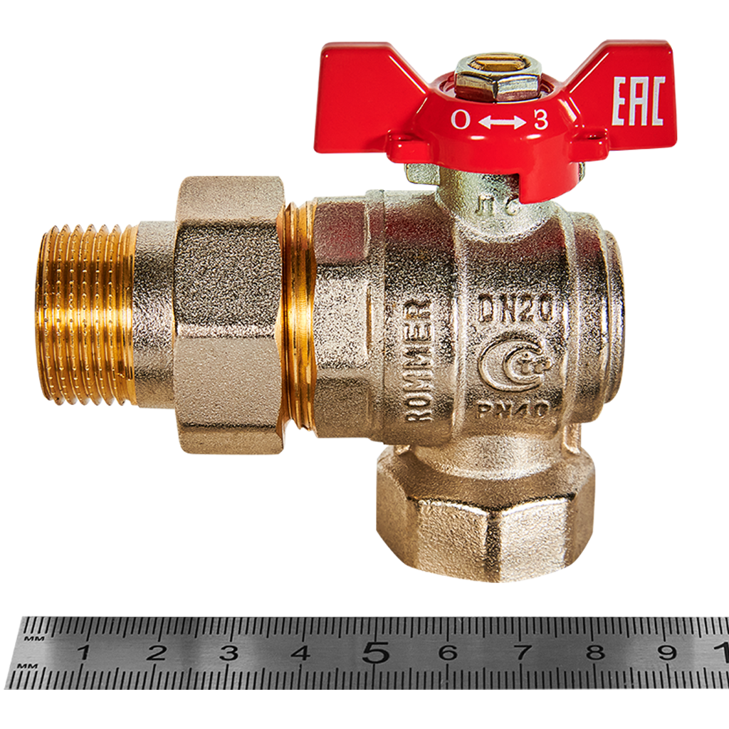 RBV-0006-2610220 ROMMER Кран шаровой угловой с американкой, ВР/НР, ручка бабочка 3/4
