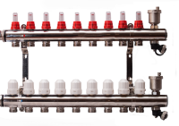 Коллекторная группа с расходомерами, сливным краном и автомат. возд-ком, нерж. сталь 1"х9х3/4" Коллекторная группа с расходомерами, сливным краном и автомат. возд-ком, нерж. сталь 1"х9х3/4"