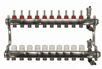 Коллекторная группа с расходомерами, сливным краном и автомат. возд-ком, нерж. сталь 1"х10х3/4" Коллекторная группа с расходомерами, сливным краном и автомат. возд-ком, нерж. сталь 1"х10х3/4"