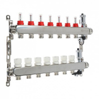 Коллекторная группа с расходомерами, сливным краном и автомат. возд-ком, нерж. сталь 1"х7х3/4"