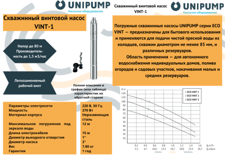 Винтовой скважинный насос 3"  ECO VINT 1 (370 Вт, кабель-15м) UNIPUMP