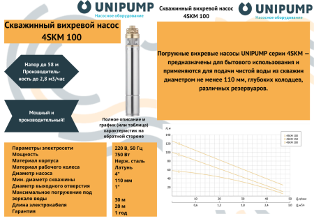 Погружной вихревой насос 4SKM 100 (750Вт, кабель-20м) UNIPUMP