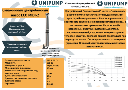 Погружной скважинный насос ECO MIDI-2 (0,55 кВт, 40м) UNIPUMP