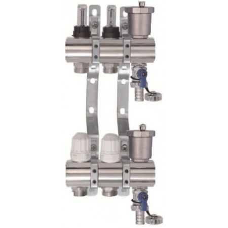 Коллекторная группа с расходомерами, сливным краном и автомат. возд-ком, нерж. сталь 1"х2х3/4"