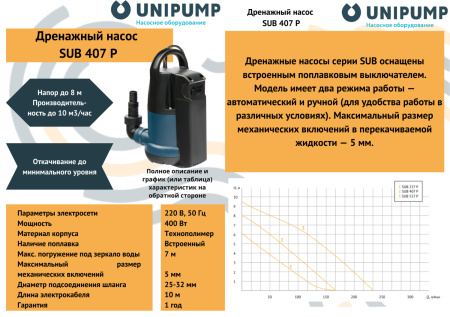 Дренажный насос SUB 407 P UNIPUMP