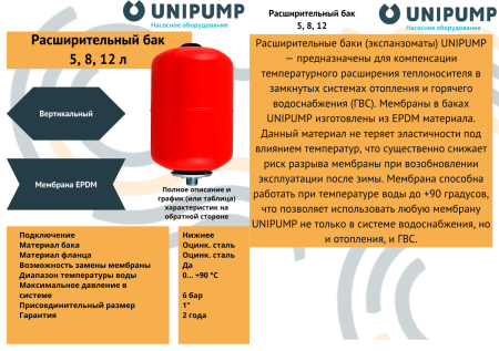 Расширительный бак 8 л (верт) UNIPUMP